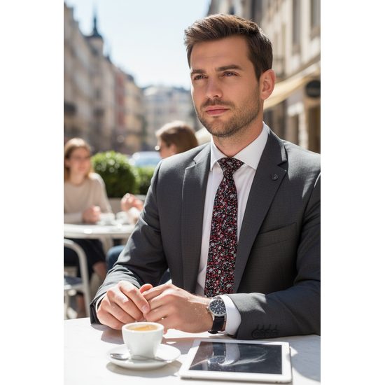 Černá kravata s červeno-šedým vzorem