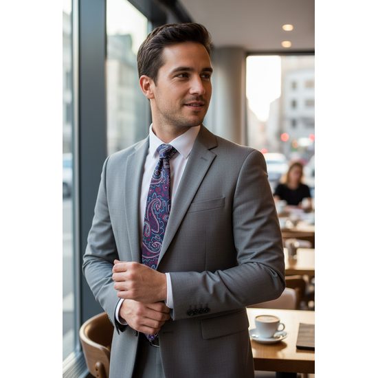 Niebieski krawat z charakterystycznym kaszmirowym wzorem