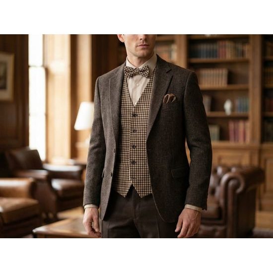 Vestă maro în carouri fine cu papion