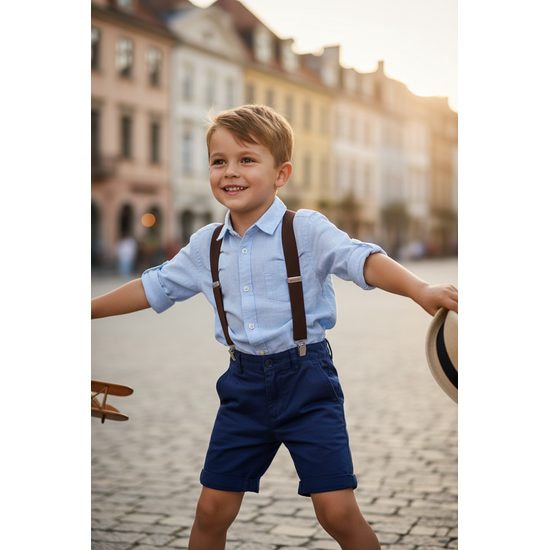 Hnedé chlapčenské traky s béžovou kožou a zapínaním na kovové klipy