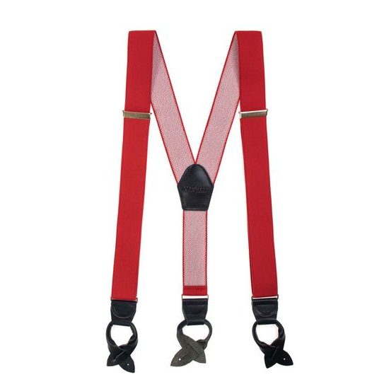 Bretele roșii cu accesorii din piele neagră pentru nasturi