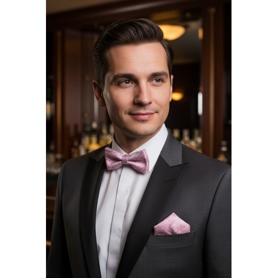 Mucha w kolorze pudrowego różu z wzorem paisley i poszetką