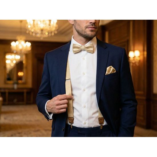 Set zlaté pánske traky s motýlikom a vreckovkou