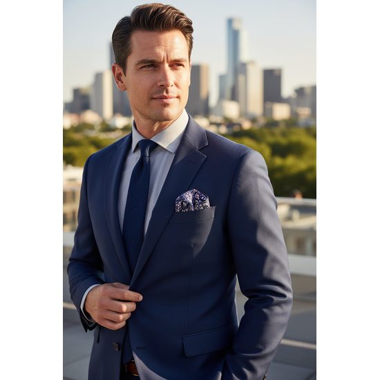 Dunkelblaues Einstecktuch mit rosa Blüten