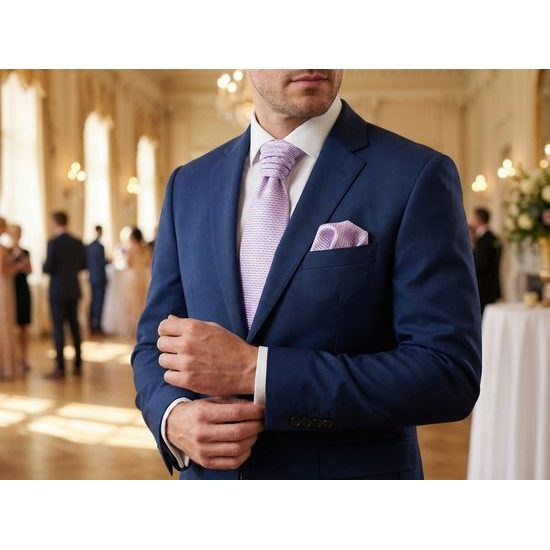 Angielski krawat w fioletowe paski i poszetkę