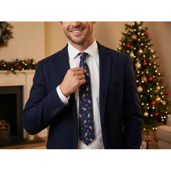 Tmavomodrá vianočná kravata s buldočkom