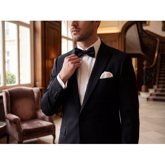 Čierny pánsky motýlik Gala MAT s bielou vreckovkou