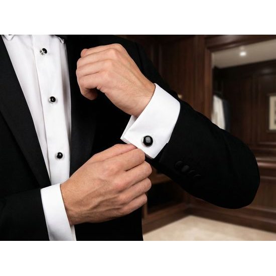 Set aus silbernen Manschettenknöpfen für Smokinghemden