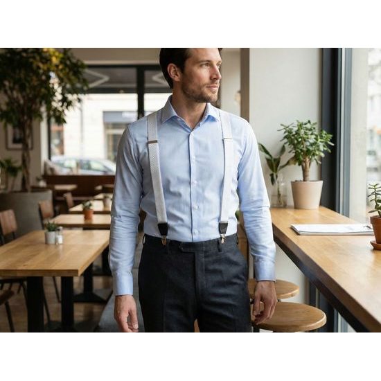 Bílé pánské šle na klipy stříbrné čtverečky