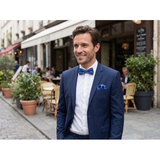 Blaue Fliege mit Einstecktuch, farbige Autos