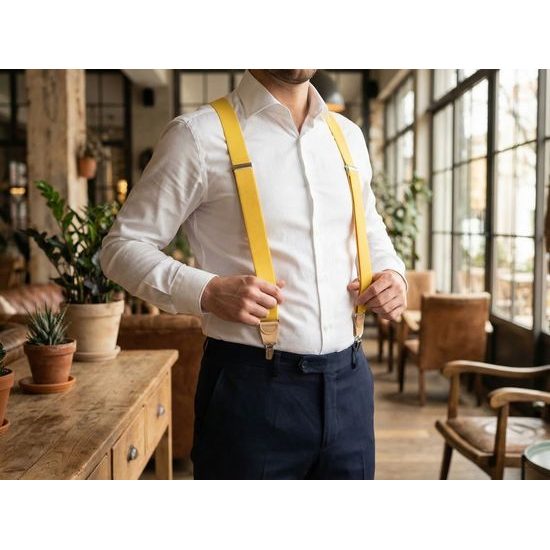 Žlté látkové traky trojbodové s béžovou kožou a zapínaním na klipy