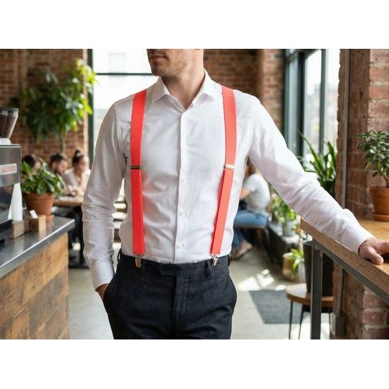 Herren Hosenträger Y-Form - 25 mm - Koralle Neon, schwarzes Leder