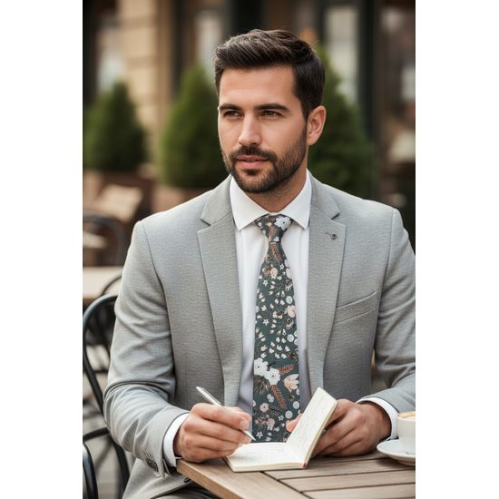 Zielonkawy krawat z kwiatowym wzorem