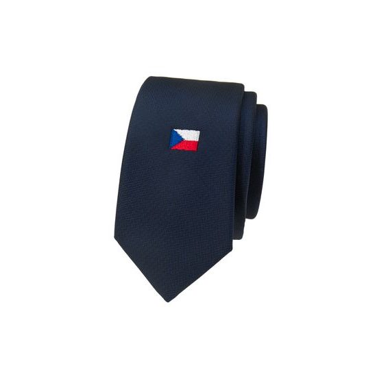 Modrá úzka kravata s výšivkou českej vlajky