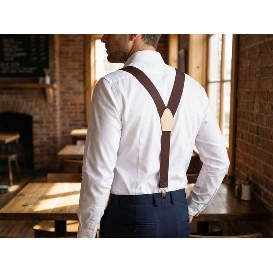 Herren Hosenträger mit Ledermitte und Clips - braun mit beigem Leder