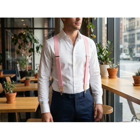 Látkové šle Y s koženým středem a zapínáním na klipy - růžová, béžová kůže