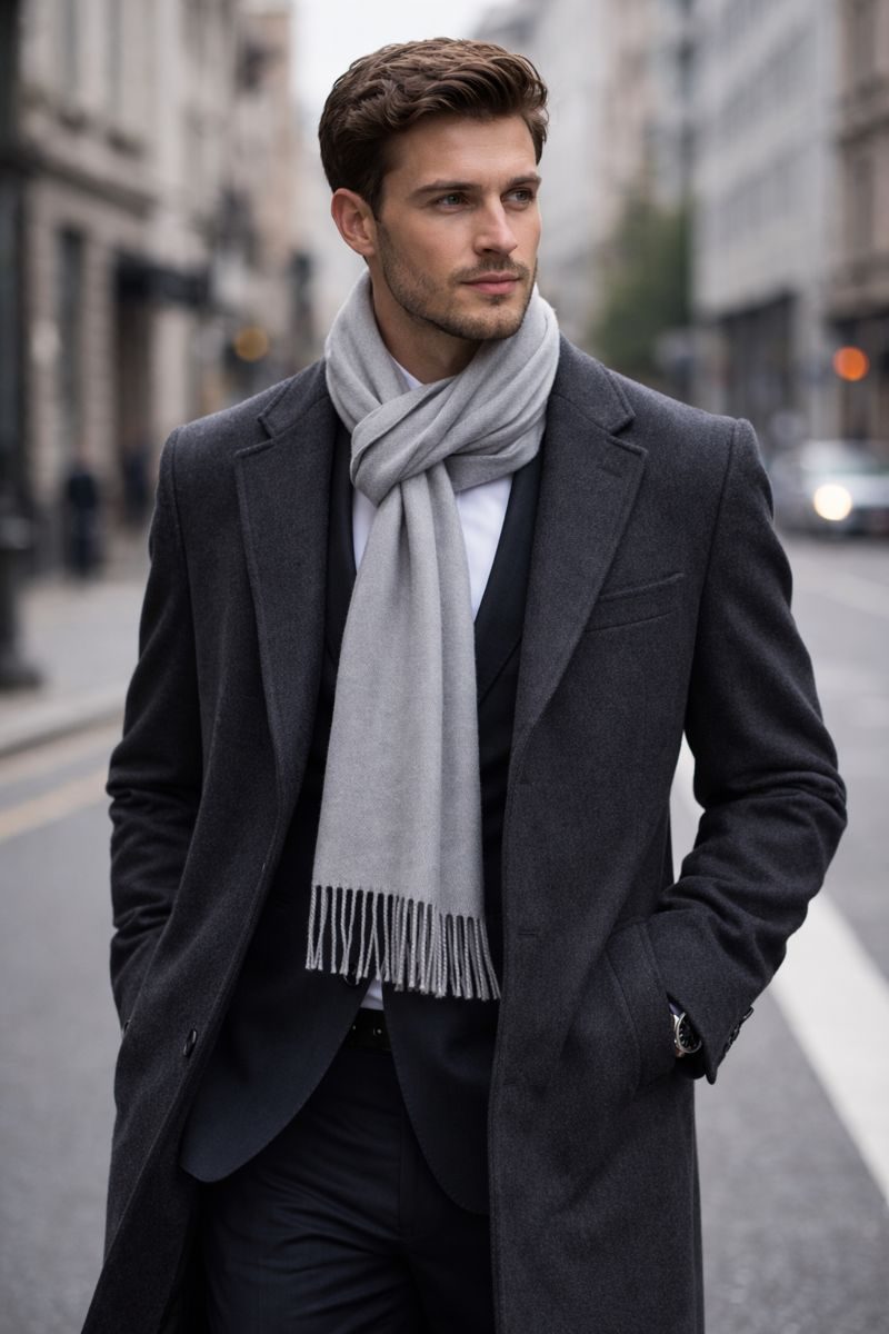 Světlý kabát a tmavší šála