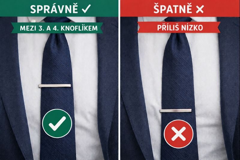 Správné umístění spony na kravatu