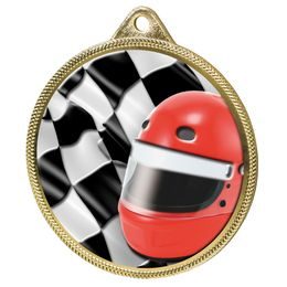 Medalla de Oro con Textura de Casco y Bandera de Deportes Motorizados en Impresión 3D