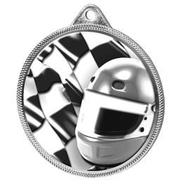 Medalla Clásica de Impresión 3D con Textura de Casco y Bandera de Deportes Motorizados - Plata