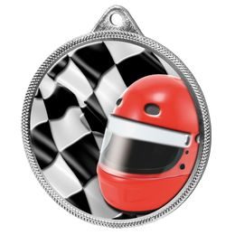 Medalla de Plata con Textura de Casco y Bandera de Deportes Motorizados en Impresión 3D