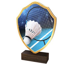 Trofeo Arden de Madera Real con Escudo de Bádminton