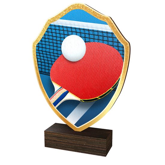 Trofeo Arden de Madera Real con Escudo de Tenis de Mesa