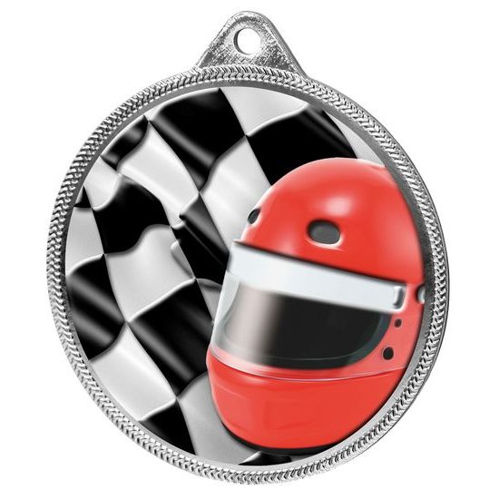 Medalla de Plata con Textura de Casco y Bandera de Deportes Motorizados en Impresión 3D