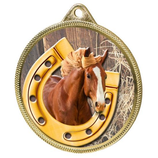 Medalla de Herradura Ecuestre con Textura de Color Impresión 3D en Oro