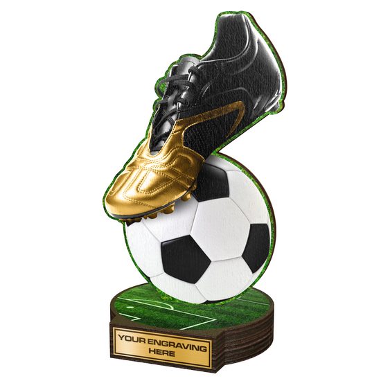 Trofeo Grove de Madera Real con Bota y Balón de Fútbol