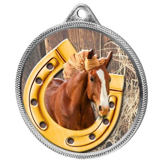 Medalla de Herradura Ecuestre con Textura de Color 3D en Plata