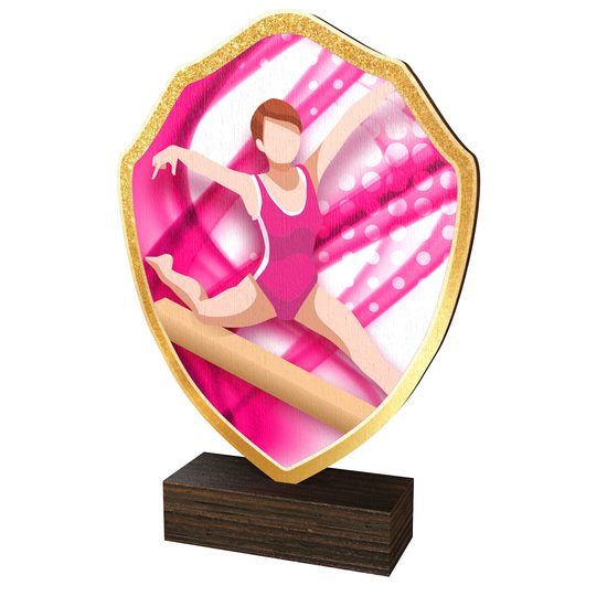 Trofeo Arden de Madera Real con Escudo de Gimnasia Femenina de Arden