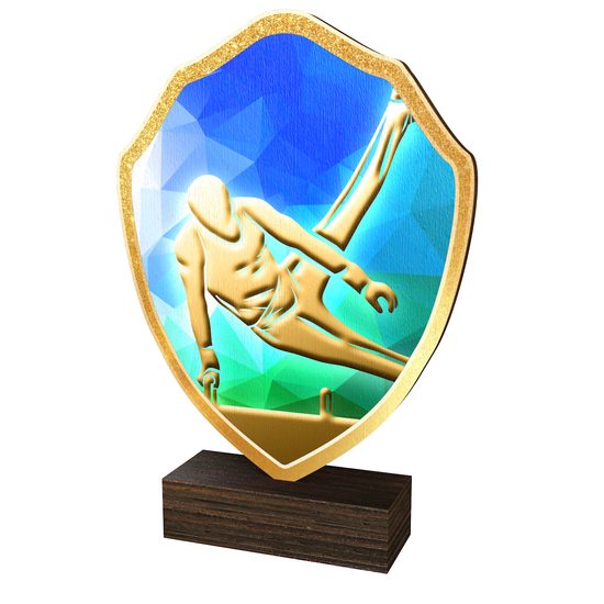 Trofeo Arden de Madera Real con Escudo para Gimnasia Masculina