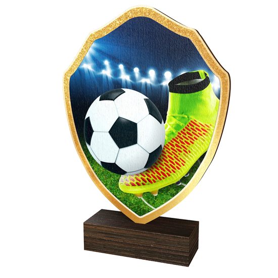 Trofeo Arden de Madera Real con Escudo de Bota de Fútbol