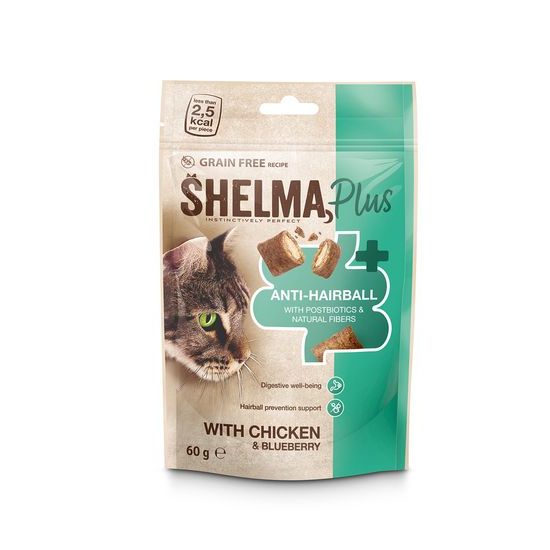 60g Shelma snack kočka Anti-hairball polštářky s kuřecím a borůvkami
