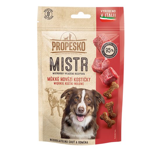 90g Propesko Mistr GF snack pes hovězí měkké kostičky