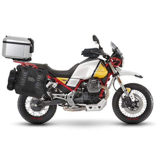 Kompletná sada sedlových brašní SHAD TERRA TR40 adventure a hliníkového kufra SHAD TERRA 48L vrátane montážnej sady SHAD MOTO GUZZI V 85 TT