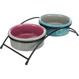 Trixie Set keramických misek se stojánkem 2x0,3l/ø12cm světle šedá/tmavě růžová/světle modrá