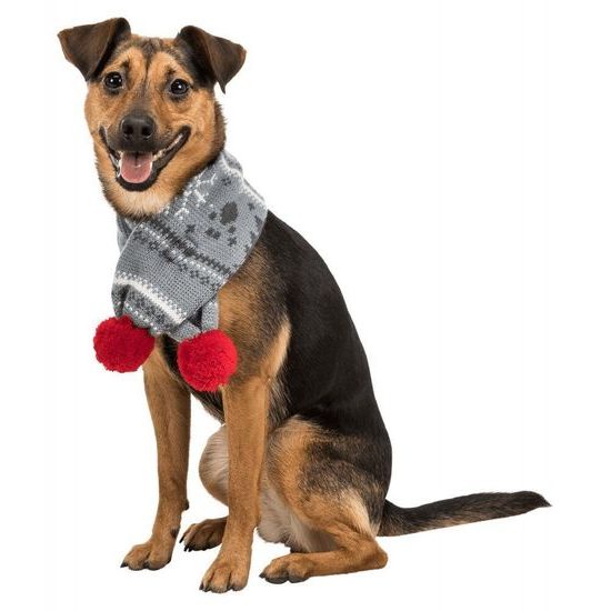 Trixie Vánoční šál s bambulkou M: 70 cm šedobílá/červená