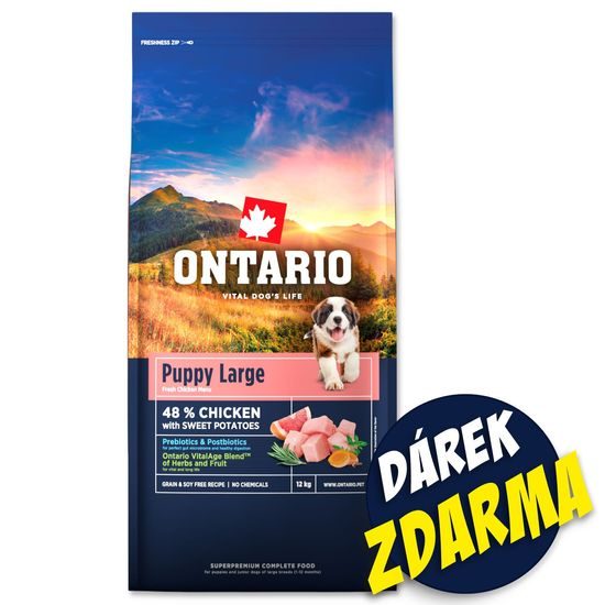 Ontario Krmivo Puppy & Junior Large Chicken & Sweet Potatoes 2x12kg+Barel ZDARMA