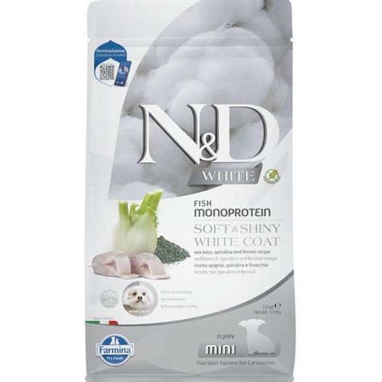 N&D WHITE Dog GF Sea Bass Spirulina & Fennel Puppy Mini 1,5 kg