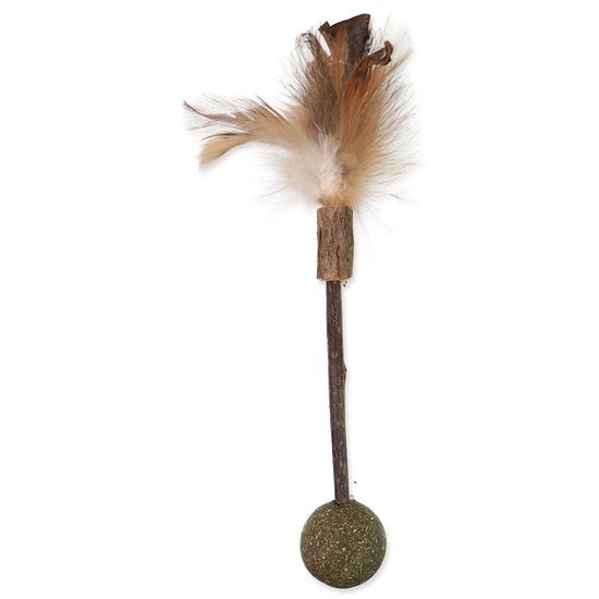 Magic Cat Hračka Natural Fun dřívko s přírodními pírky a koulemi 18cm