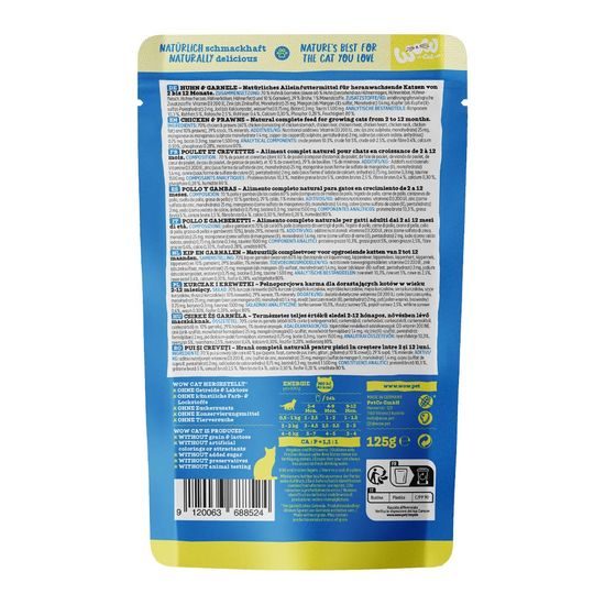 WOW Cat Kapsička Paté Kuře s krevetami Kitten/Junior 125g