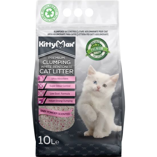 KITTYMAX hrudkující bezprašný bílý bentonit BABY POWDER 10 l