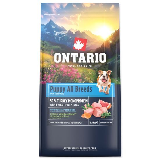 Ontario Krmivo Puppy & Junior All Breeds Monoprotein Turkey & Sweet Potatoes 6,5kg