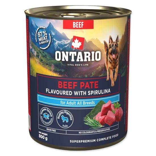 Ontario Konzerva Adult hovězí pate s příchutí spirulíny 800g