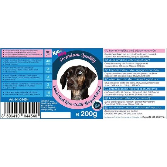 KidDog kachní masíčko s rýží a jogurtovou náplní PREMIUM QUALITY 200 g dóza