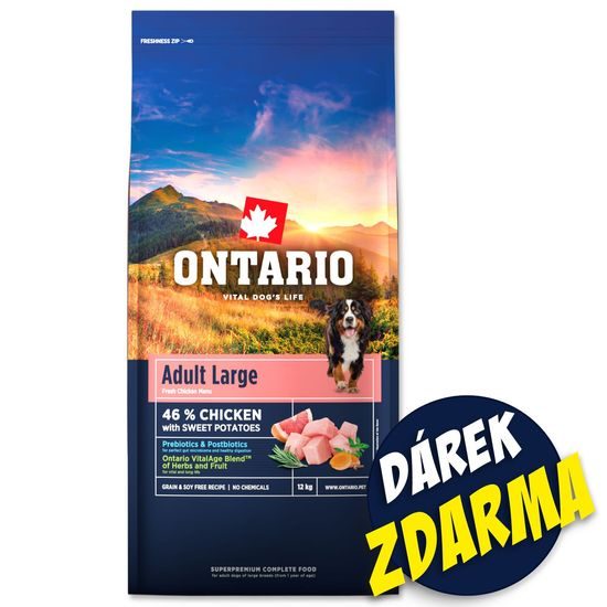 Ontario Krmivo Adult Large Chicken & Sweet Potatoes 2x12kg+Barel ZDARMA