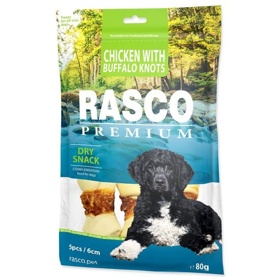 Rasco Premium Pochoutka buvolí kůže obalená kuřecím, uzly 6cm 80g