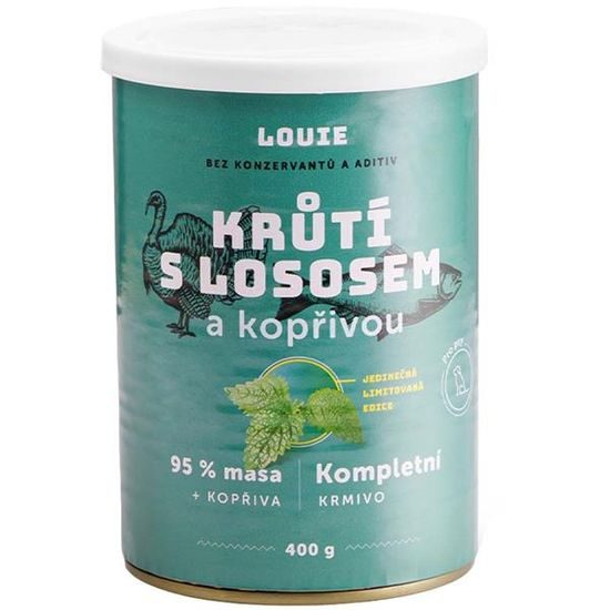 Louie konzerva pro psy krůtí s lososem a kopřivou 400g